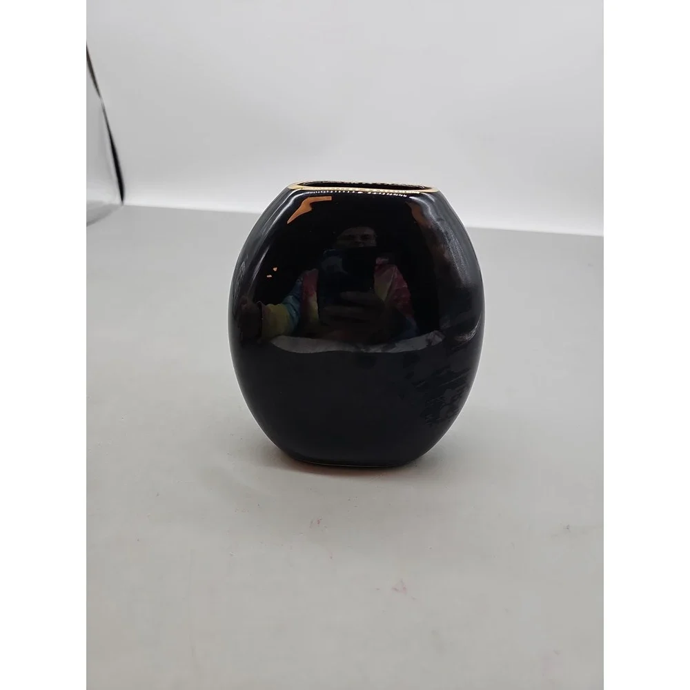 The Art Of Chokin Vase Black 24K Gold Edge With Swans & Iris Flowers‎ 5